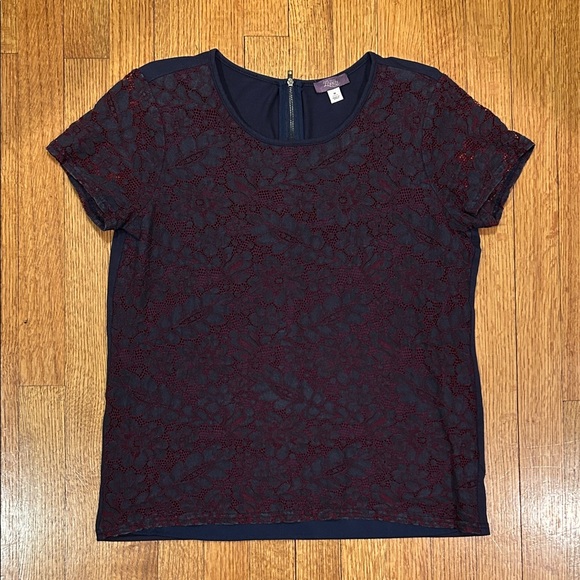 Truly Poppy Tops - Lace Overlay Short Sleeve Top - Navy with Burgundy